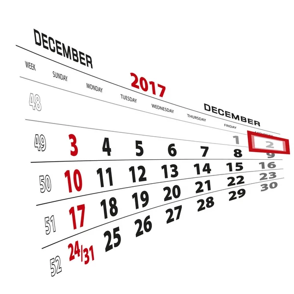 2. Dezember, im Kalender 2017 hervorgehoben. Woche beginnt am Sonntag — Stockvektor