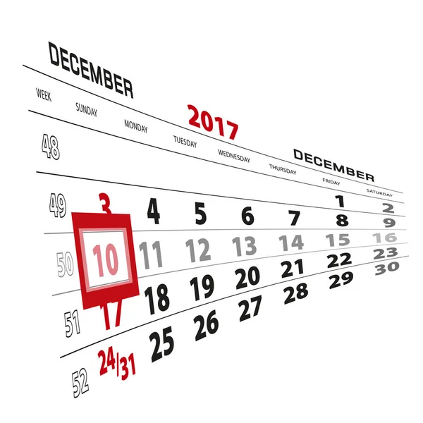 10 de dezembro, destacado no calendário de 2017. Semana começa a partir de domingo — Vetor de Stock