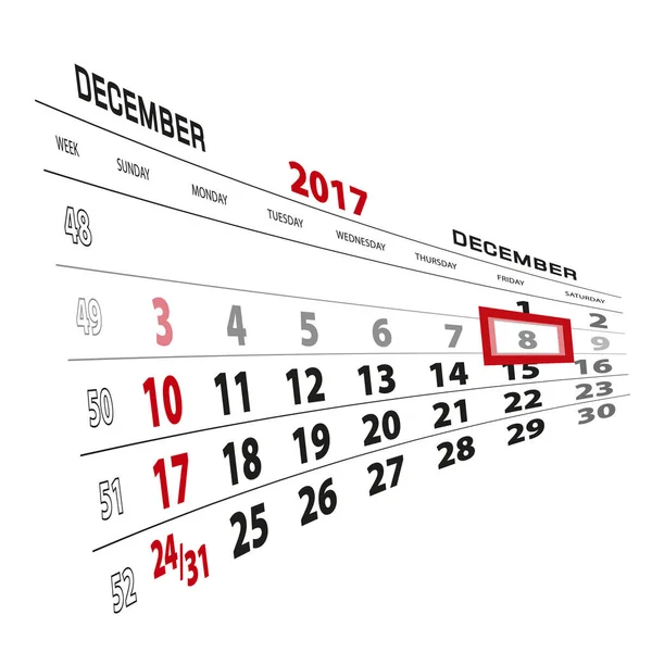 8 décembre, mis en évidence sur le calendrier 2017. Semaine commence à partir de dimanche — Image vectorielle