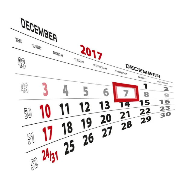 12月7日, 在2017日历上突出显示。周从星期日开始 — 图库矢量图片