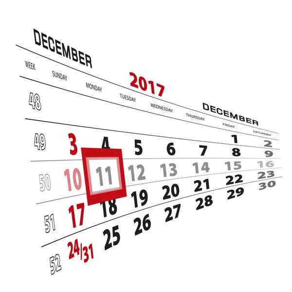 12月11日, 在2017日历上突出显示。周从星期日开始 — 图库矢量图片
