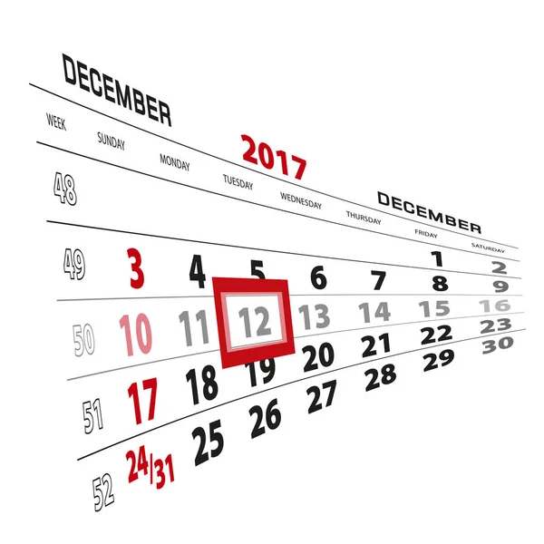 12月12日, 在2017日历上突出显示。周从星期日开始 — 图库矢量图片