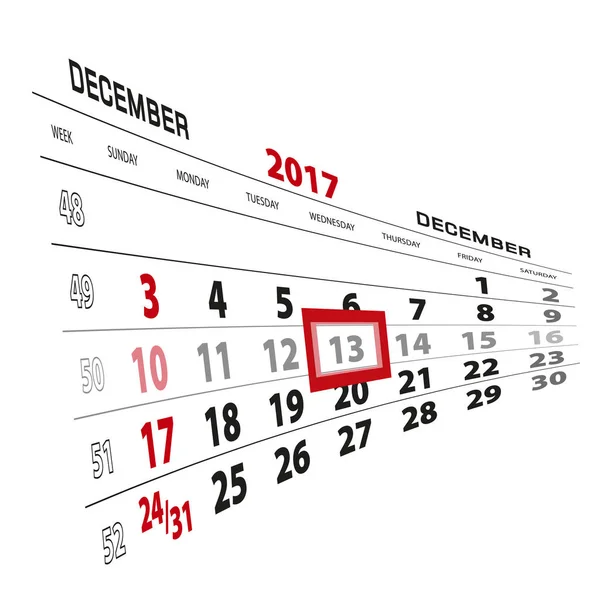 Der 13. Dezember steht im Kalender 2017. Woche beginnt am Sonntag — Stockvektor