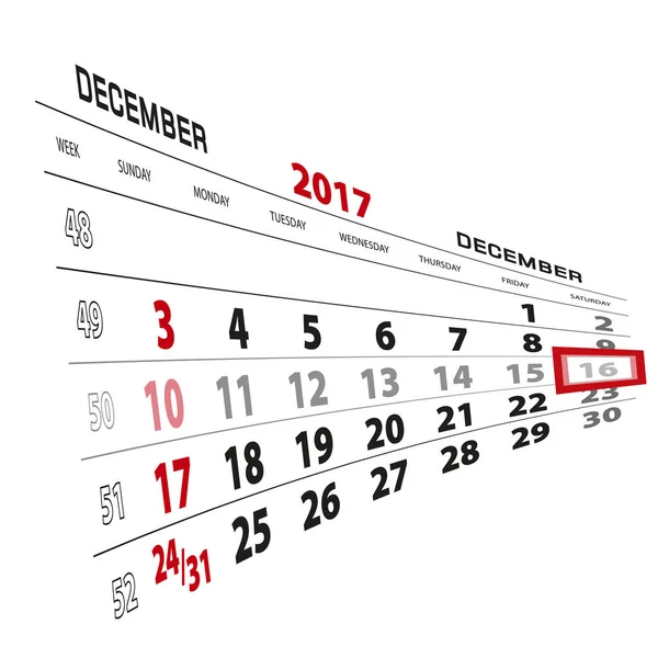 16 dicembre, evidenziato nel calendario 2017. Settimana a partire da Domenica — Vettoriale Stock