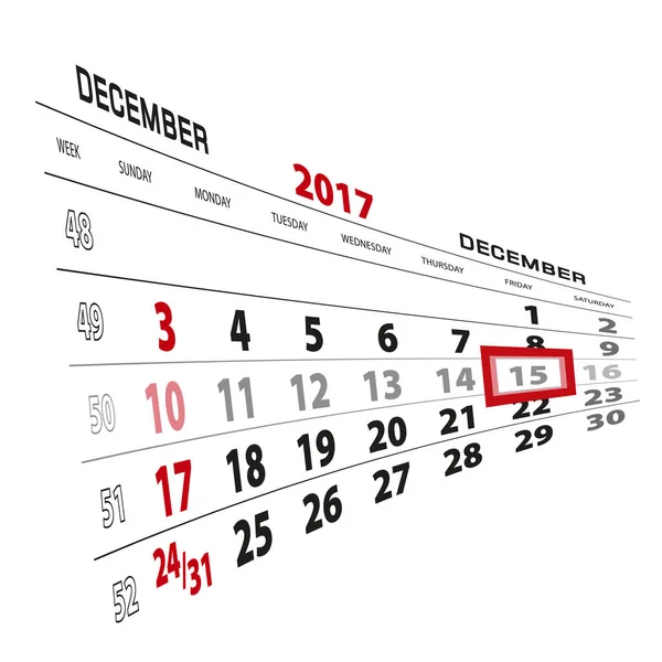 15 de dezembro, destacado no calendário de 2017. Semana começa a partir de domingo — Vetor de Stock