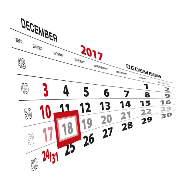 18 dicembre, evidenziato nel calendario 2017. Settimana a partire da Domenica — Vettoriale Stock