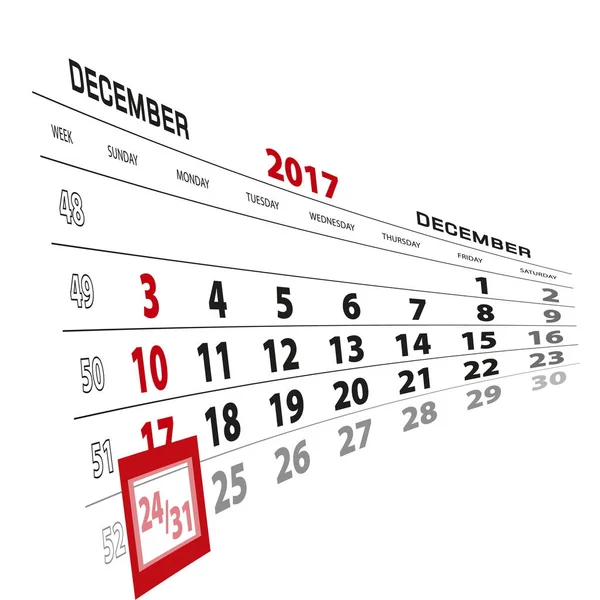 24 de dezembro, em destaque no calendário de 2017. Semana começa a partir de domingo — Vetor de Stock