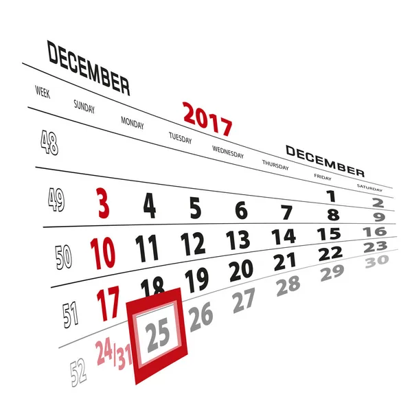 25 dicembre, evidenziato nel calendario 2017. Settimana a partire da Domenica — Vettoriale Stock