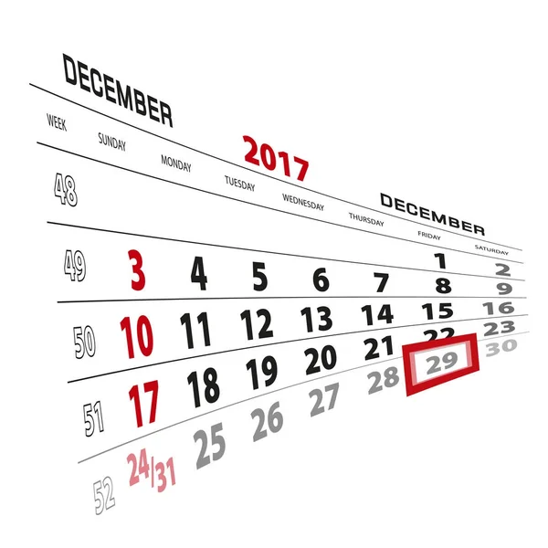 29. Dezember, im Kalender 2017 hervorgehoben. Woche beginnt am Sonntag — Stockvektor