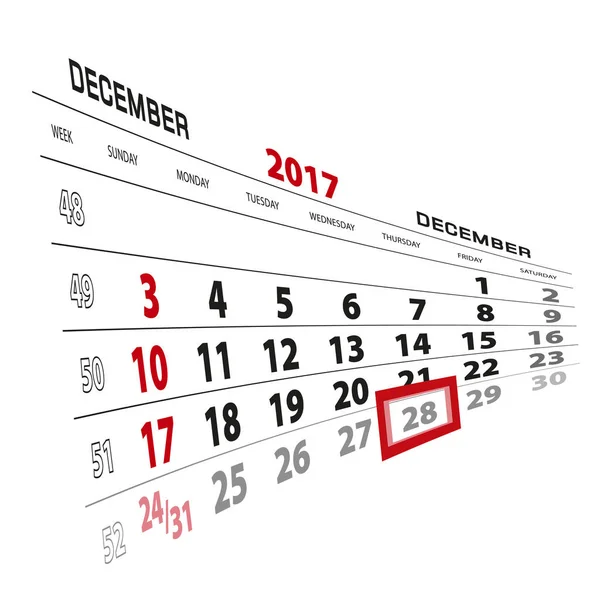28 de dezembro, em destaque no calendário de 2017. Semana começa a partir de domingo — Vetor de Stock