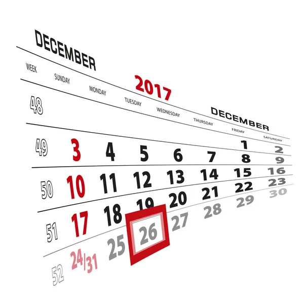 26. Dezember, im Kalender 2017 hervorgehoben. Woche beginnt am Sonntag — Stockvektor