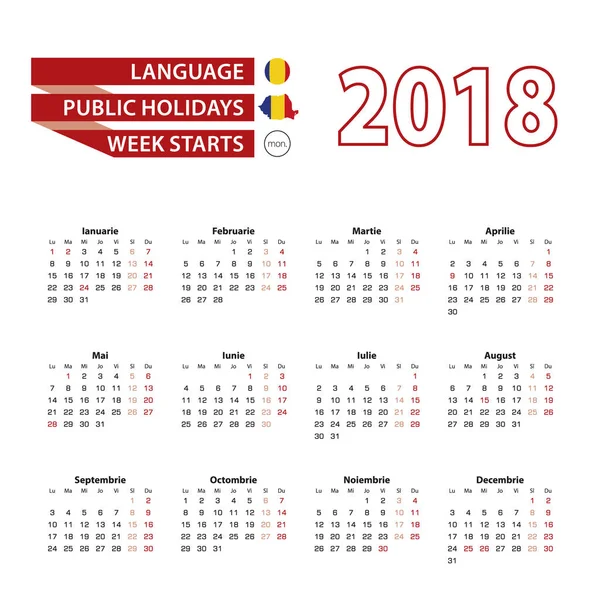 Calendario 2018 en lengua rumana con días festivos el país de Rumania en el año 2018. La semana comienza el lunes. Ilustración vectorial . — Vector de stock