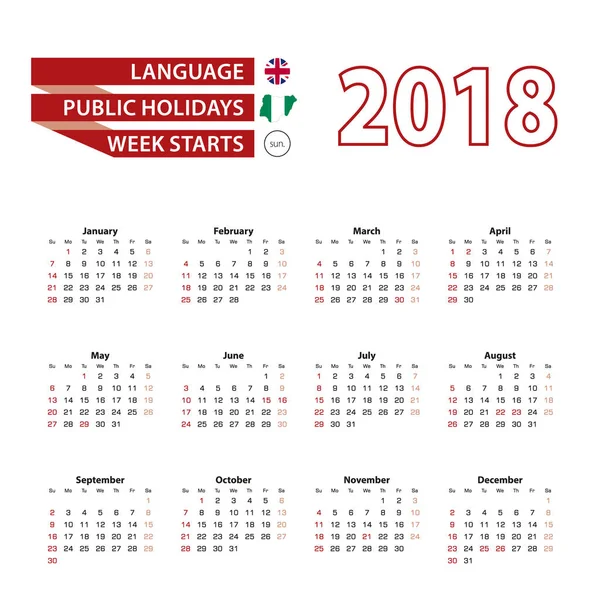 Calendario 2018 en idioma inglés con días festivos el país de Nigeria en el año 2018. La semana comienza el domingo. Ilustración vectorial . — Vector de stock
