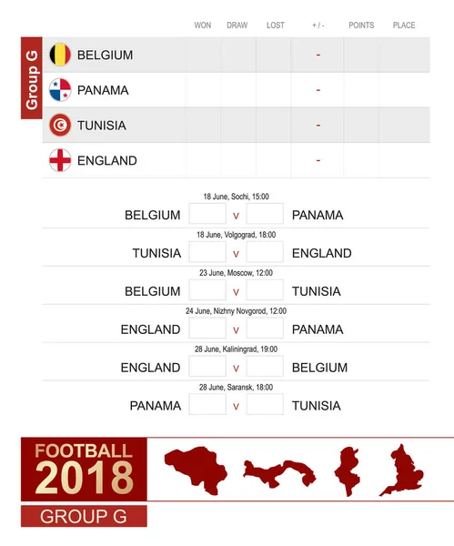 Fútbol 2018, calendario del partido del Grupo G, todos los partidos, hora y lugar — Vector de stock