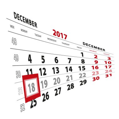 18 Aralık Takvim 2017 vurgulanır. Hafta Pazartesi başlıyor