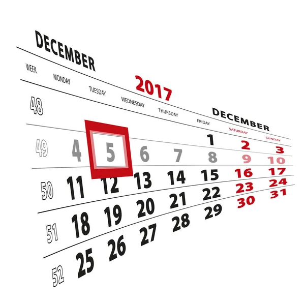 5 грудня 2017 року висвітлено в календарі. Тиждень починається з понеділка — стоковий вектор