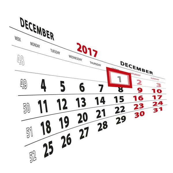 1 December markeras på kalender 2017. Veckan börjar måndag — Stock vektor