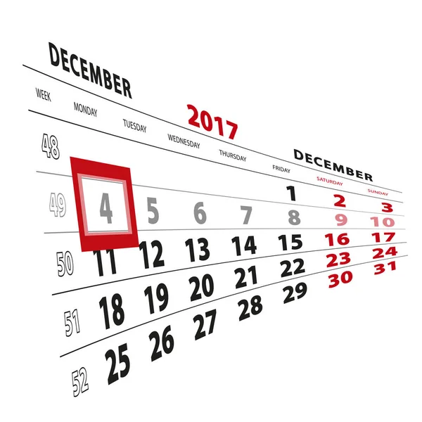 4 Dezembro destacou no calendário 2017. Semana começa a partir de segunda-feira — Vetor de Stock