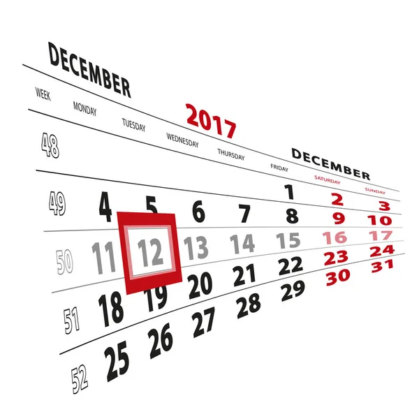 12 Diciembre destacado en el calendario 2017. La semana comienza el lunes — Vector de stock