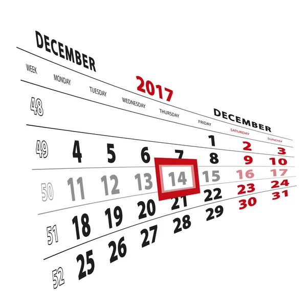 14 décembre mis en évidence sur le calendrier 2017. La semaine commence à partir de lundi — Image vectorielle