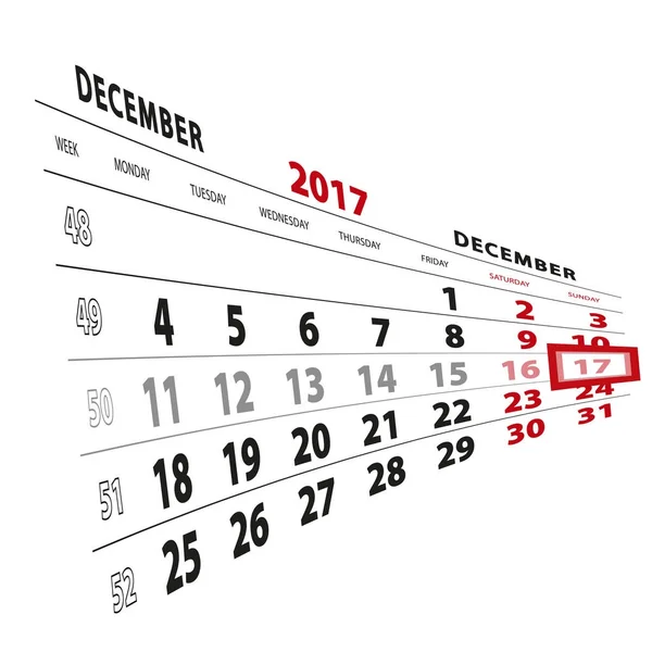 17 Dicembre evidenziato nel calendario 2017. Settimana a partire da lunedì — Vettoriale Stock