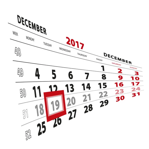 19 Diciembre destacado en el calendario 2017. La semana comienza el lunes — Vector de stock