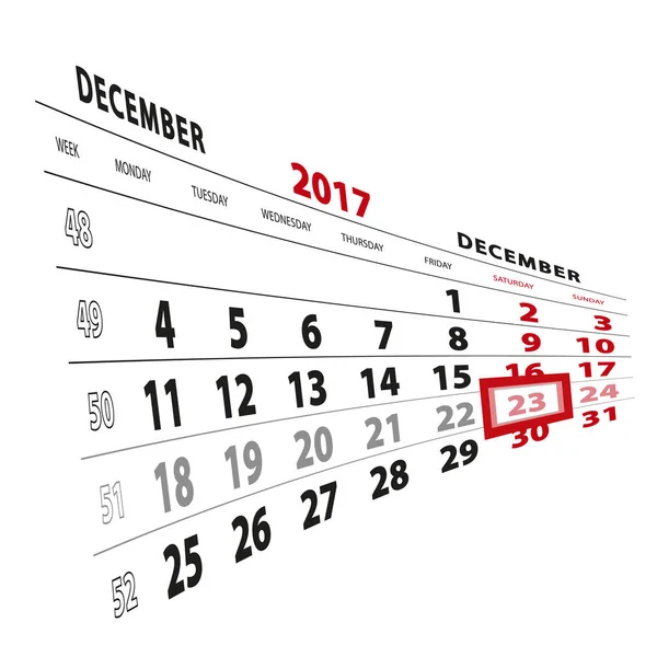 23 Diciembre destacado en el calendario 2017. La semana comienza el lunes — Vector de stock