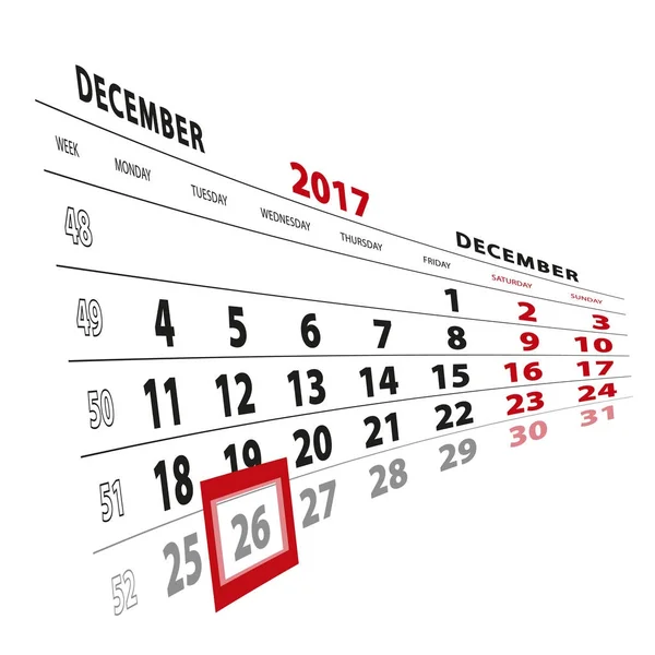26 de dezembro destacou no calendário 2017. Semana começa a partir de segunda-feira — Vetor de Stock