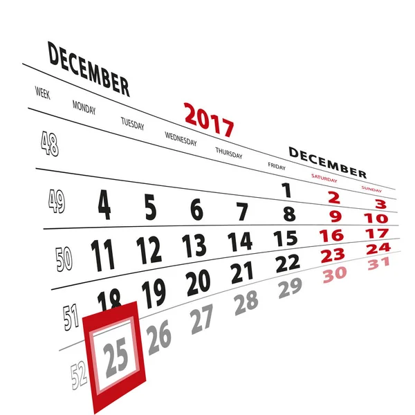 25 Δεκεμβρίου υπογράμμισε στο ημερολόγιο του 2017. Την εβδομάδα που ξεκινά από τη Δευτέρα — Διανυσματικό Αρχείο
