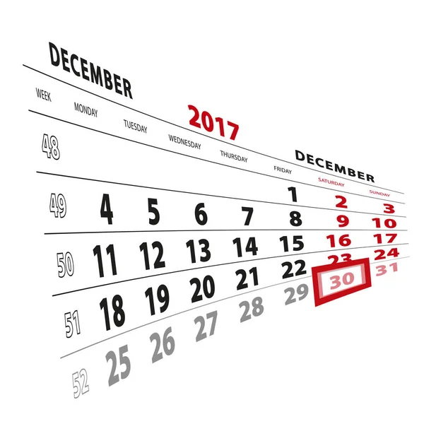 30 Δεκεμβρίου υπογράμμισε στο ημερολόγιο του 2017. Την εβδομάδα που ξεκινά από τη Δευτέρα — Διανυσματικό Αρχείο