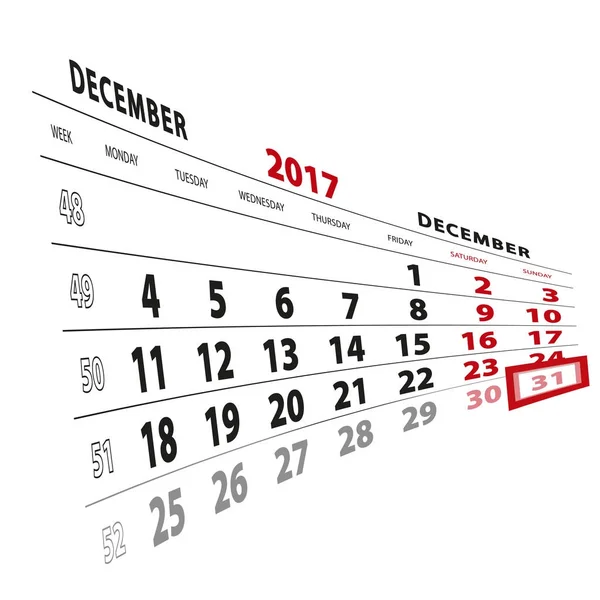 31 December markeras på kalender 2017. Veckan börjar måndag — Stock vektor