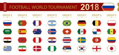 Futbol Dünya turnuva 2018 Rusya, tüm katılımcıların bayrakları 