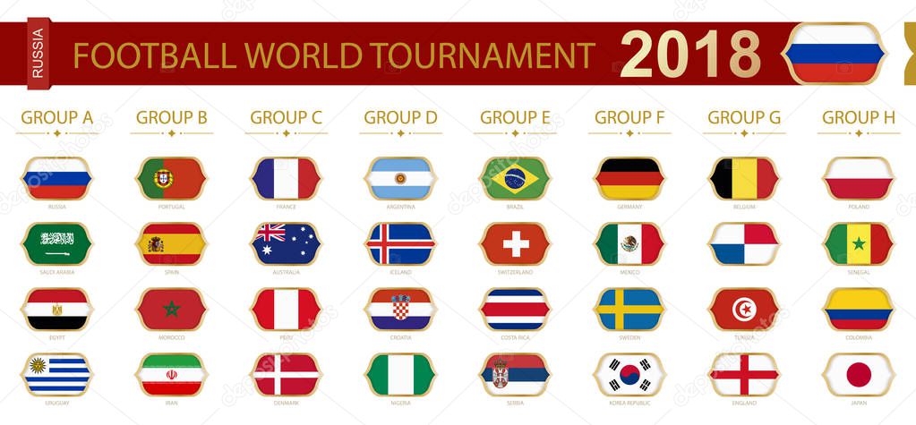 Football world tournament 2018 in Russia, flags of all participants 