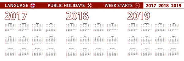 2017, 2018, 2019 year vector calendar in English language, week — Stock Vector