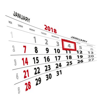 4 Ocak, 2018 takvimde vurgulanır. Pazar hafta başlıyor