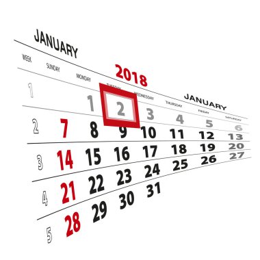 2 Ocak, 2018 takvimde vurgulanır. Pazar hafta başlıyor