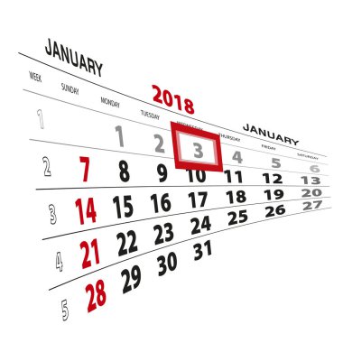 Ocak 3, 2018 takvimde vurgulanır. Pazar hafta başlıyor