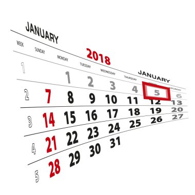 5 Ocak, 2018 takvimde vurgulanır. Pazar hafta başlıyor