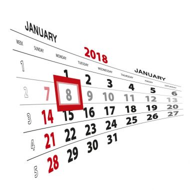 8 Ocak, 2018 takvimde vurgulanır. Pazar hafta başlıyor