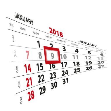 9 Ocak, 2018 takvimde vurgulanır. Pazar hafta başlıyor