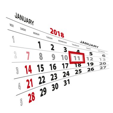 Ocak 11, 2018 takvimde vurgulanır. Pazar hafta başlıyor