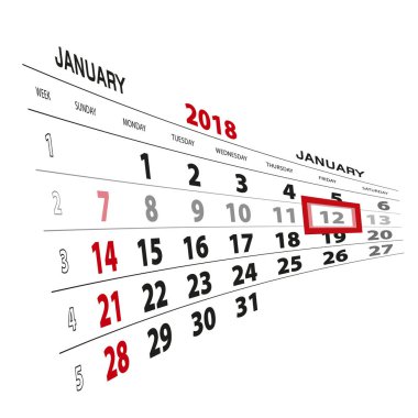 12 Ocak, 2018 takvimde vurgulanır. Pazar hafta başlıyor