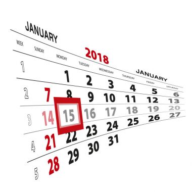 15 Ocak, 2018 takvimde vurgulanır. Pazar hafta başlıyor