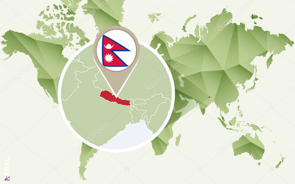 Infographic for Nepal, detailed map of Nepal with flag. 