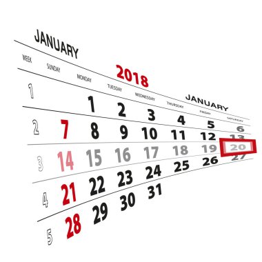 Ocak 20, 2018 takvimde vurgulanır. Pazar hafta başlıyor