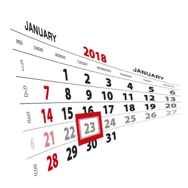 Ocak 23, 2018 takvimde vurgulanır. Pazar hafta başlıyor