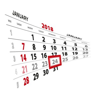 24 Ocak, 2018 takvimde vurgulanır. Pazar hafta başlıyor