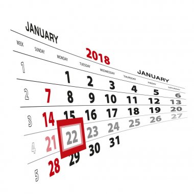 Ocak 22, 2018 takvimde vurgulanır. Pazar hafta başlıyor