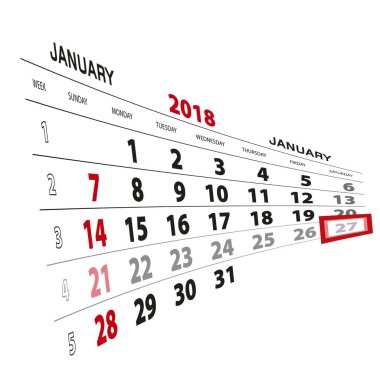 27 Ocak, 2018 takvimde vurgulanır. Pazar hafta başlıyor