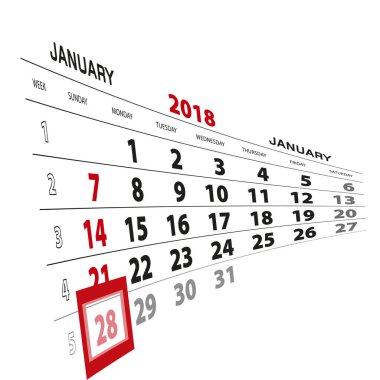 Ocak 28, 2018 takvimde vurgulanır. Pazar hafta başlıyor